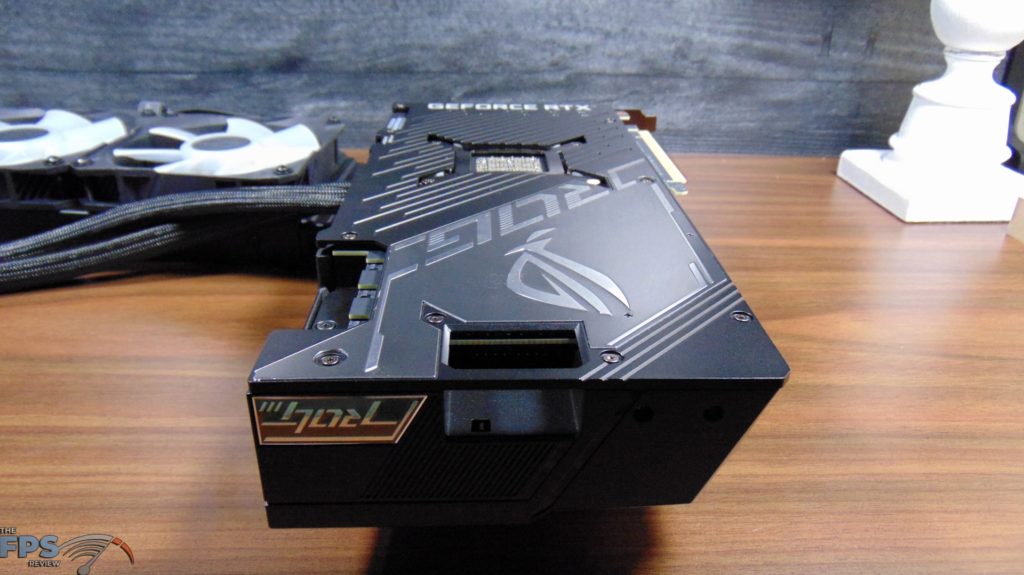 ASUS ROG STRIX LC RTX 3080 Ti O12G GAMING video card upside down bottom view angled from the back end