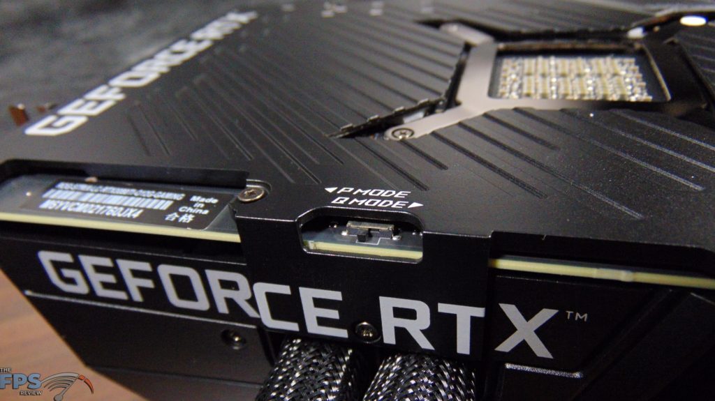 ASUS ROG STRIX LC RTX 3080 Ti O12G GAMING video card closeup of dual bios switch