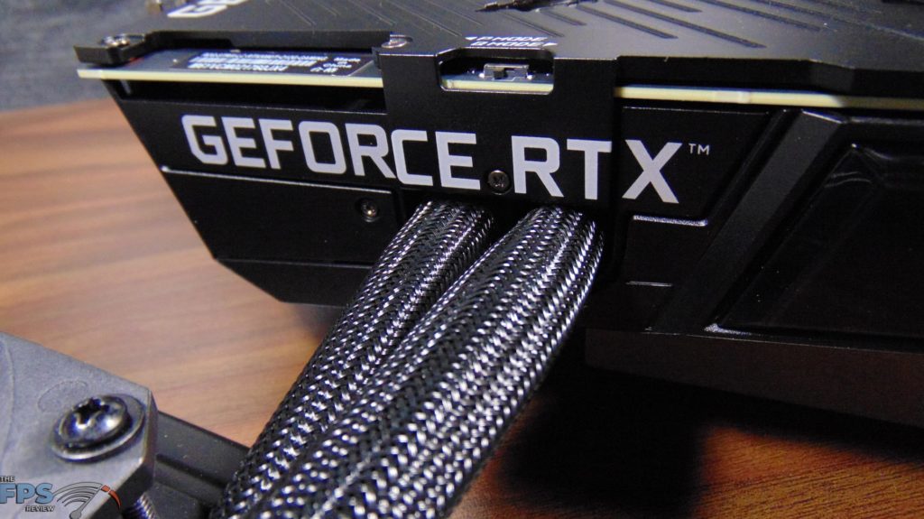 ASUS ROG STRIX LC RTX 3080 Ti O12G GAMING video card closeup of cooling tubes going into the video card