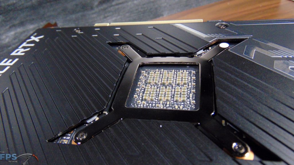 ASUS ROG STRIX LC RTX 3080 Ti O12G GAMING video card closeup of the back of the GPU
