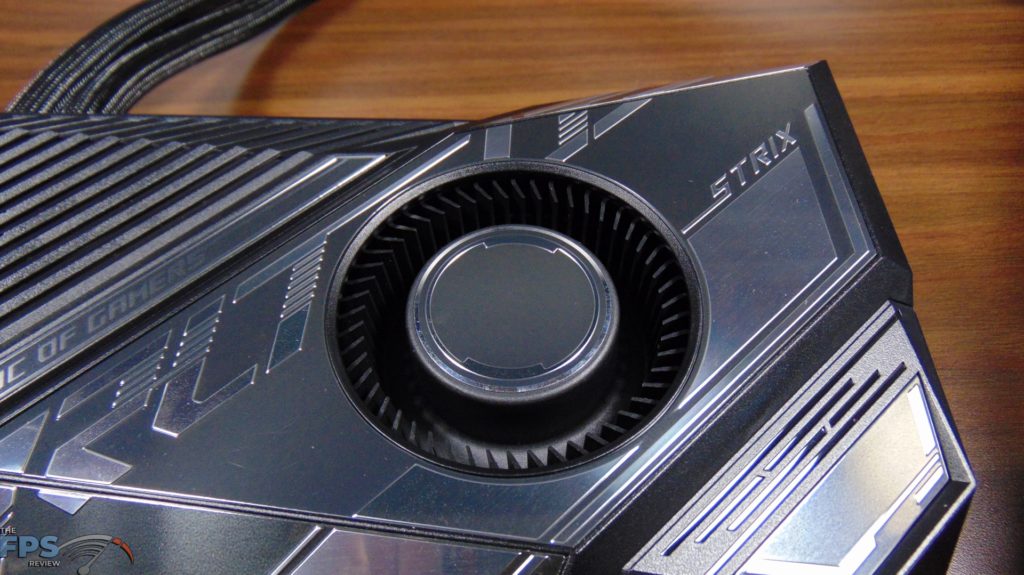ASUS ROG STRIX LC RTX 3080 Ti O12G GAMING video card closeup of the blower fan on the front