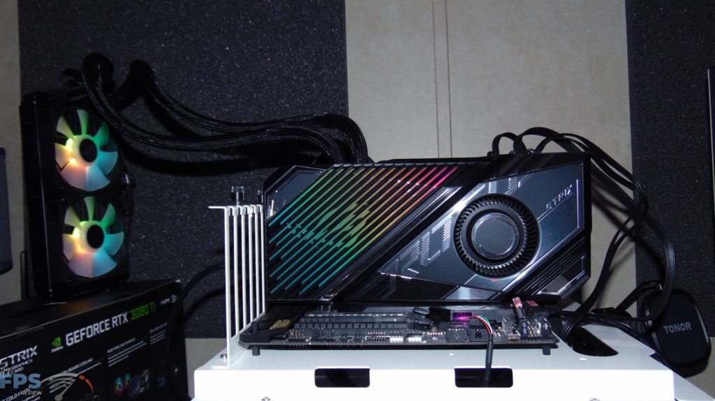 ASUS ROG STRIX LC RTX 3080 Ti O12G GAMING video card installed in computer front view