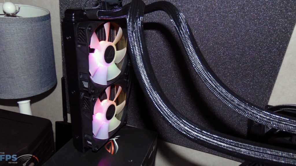 ASUS ROG STRIX LC RTX 3080 Ti O12G GAMING video card closeup of radiator with RGB fans