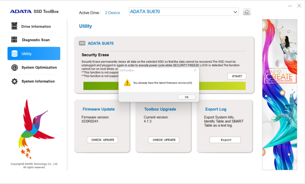 ADATA SSD ToolBox Utility Security Erase Screenshot
