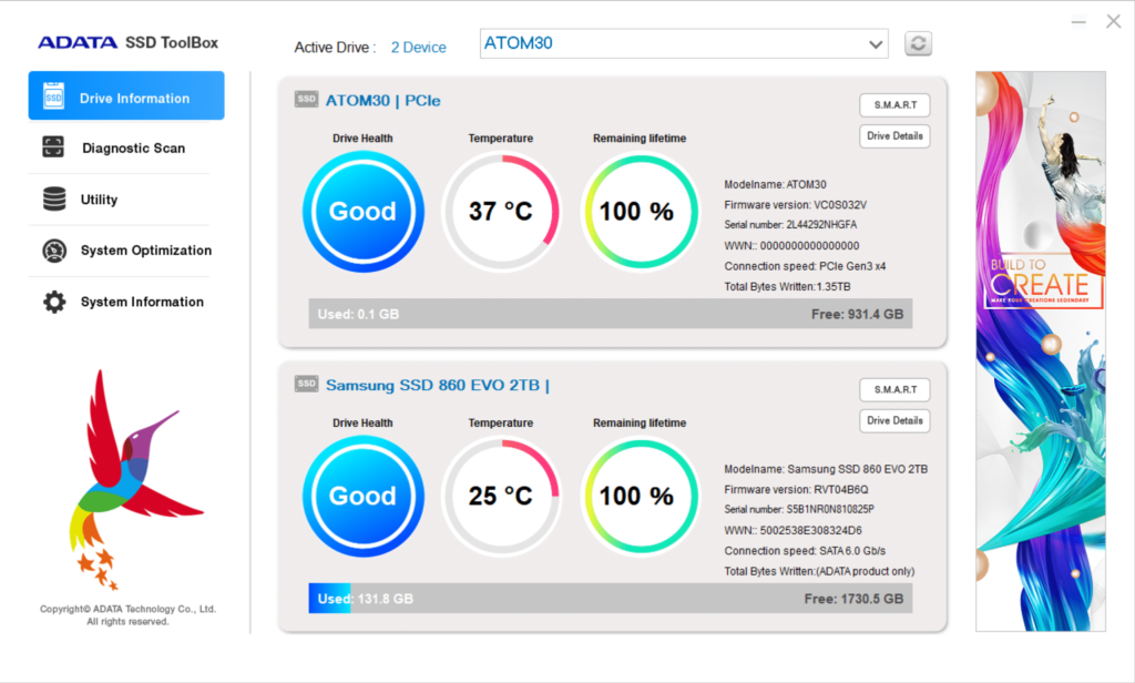 ADATA SSD ToolBox Drive Information Screenshot