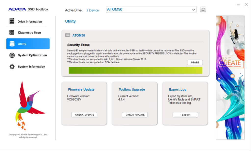 ADATA SSD ToolBox Utility Screenshot