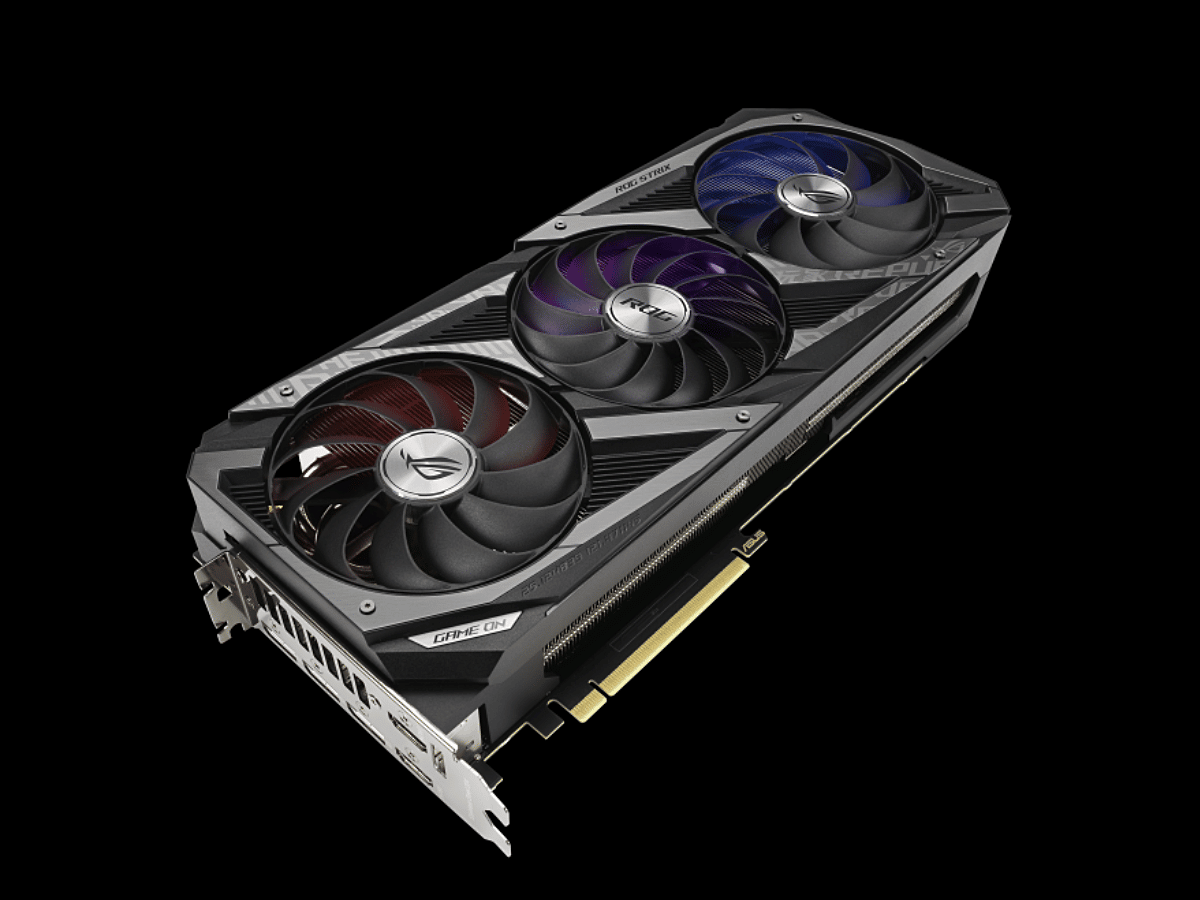 ASUS ROG STRIX GeForce RTX 3080 Ti O12G GAMING video card angled top view