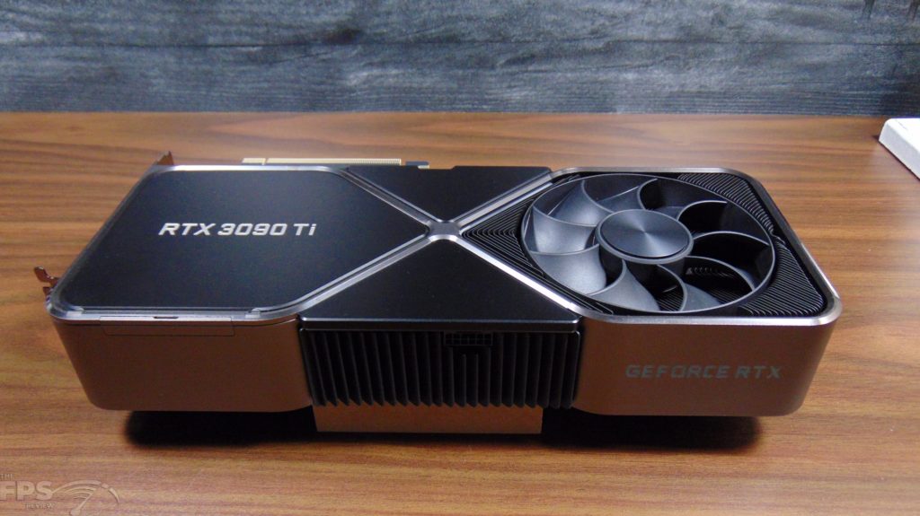 NVIDIA GeForce RTX 3090 Ti Founders Edition Video Card Sitting on Desk Bottom View
