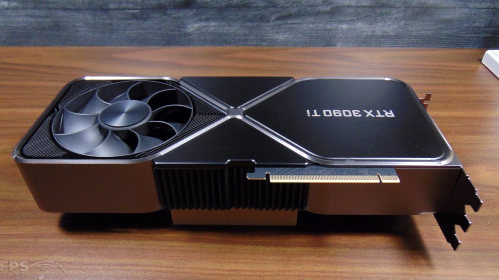 NVIDIA GeForce RTX 3090 Ti Founders Edition Video Card Sitting on Desk Bottom View