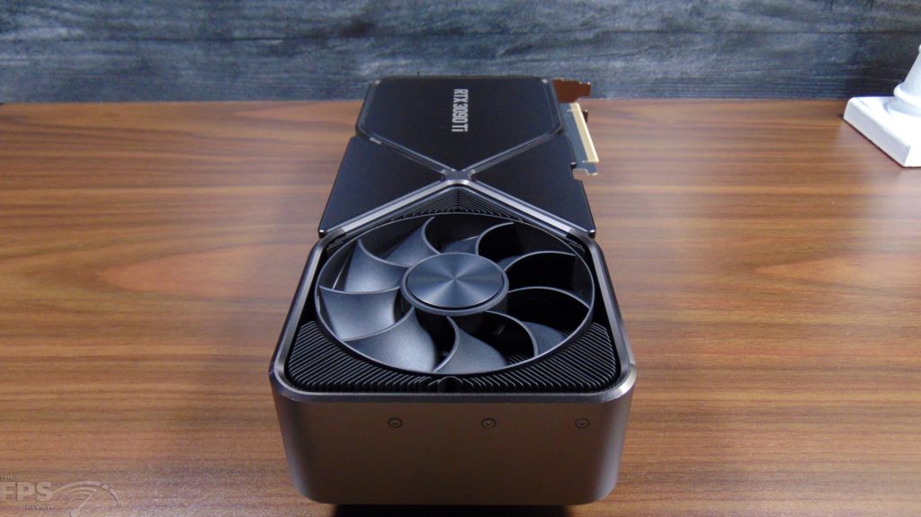 NVIDIA GeForce RTX 3090 Ti Founders Edition Video Card Sitting on Desk Bottom View