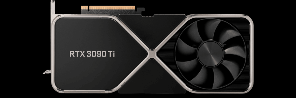 NVIDIA GeForce RTX 3090 Ti Founders Edition Video Card Back View with RTX 3090 Ti Logo on Black Background