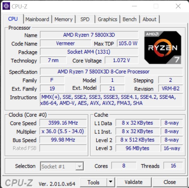 AMD Ryzen 7 5800X3D CPU CPU-Z Screenshot