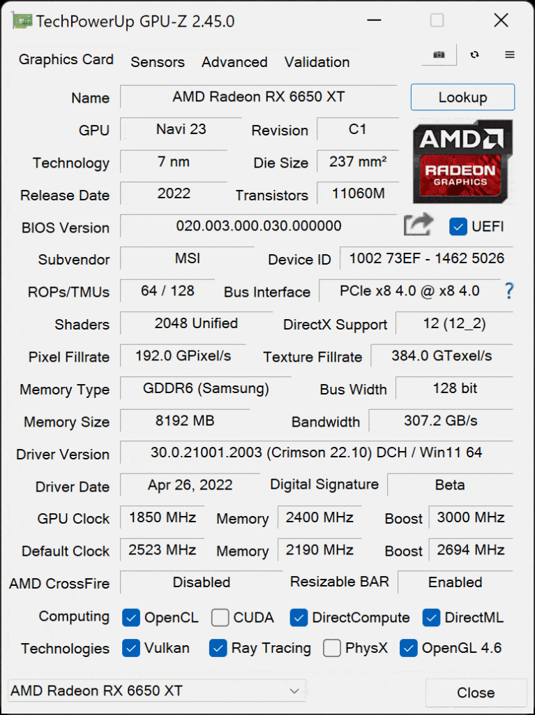MSI Radeon RX 6650 XT GAMING X 8G Video Card GPU-Z Overclocked Screenshot