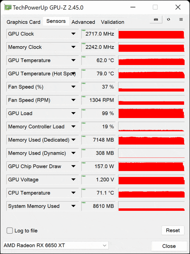 MSI Radeon RX 6650 XT GAMING X 8G Video Card GPU-Z Sensor Data Default Screenshot