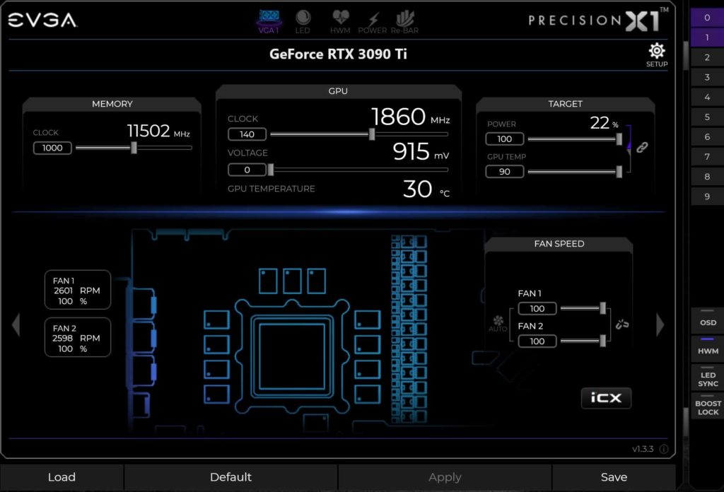 EVGA Precision X1 Software Screenshot showing highest overclock on NVIDIA GeForce RTX 3090 Ti Founders Edition
