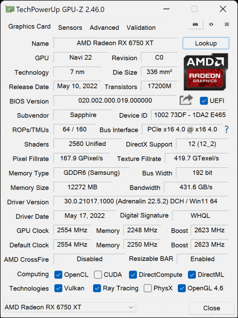SAPPHIRE NITRO+ AMD Radeon RX 6700 XT GAMING OC Video Card GPU-Z Screenshot Default