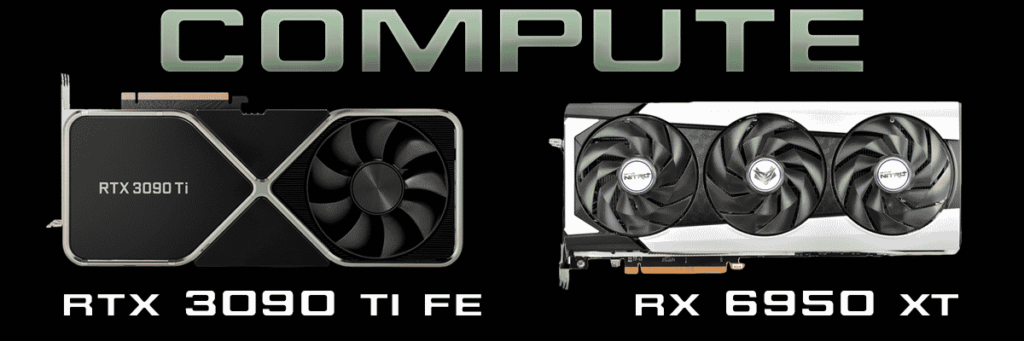 NVIDIA GeForce RTX 3090 Ti Founders Edition next to SAPPHIRE NITRO+ AMD Radeon RX 6950 XT PURE video card on a black background with Compute Text