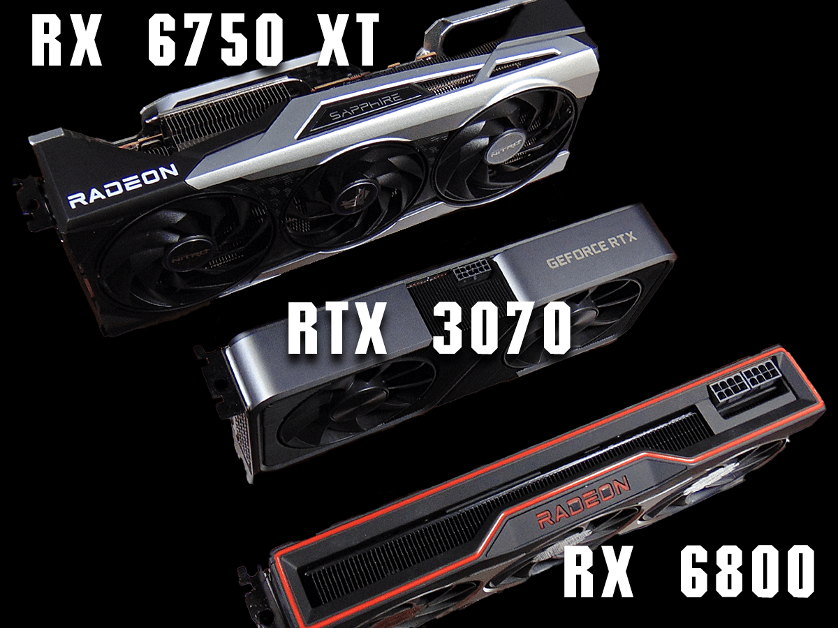 SAPPHIRE NITRO+ AMD Radeon RX 6750 XT and AMD Radeon RX 6800 and NVIDIA GeForce RTX 3070 Video Cards On Black Background