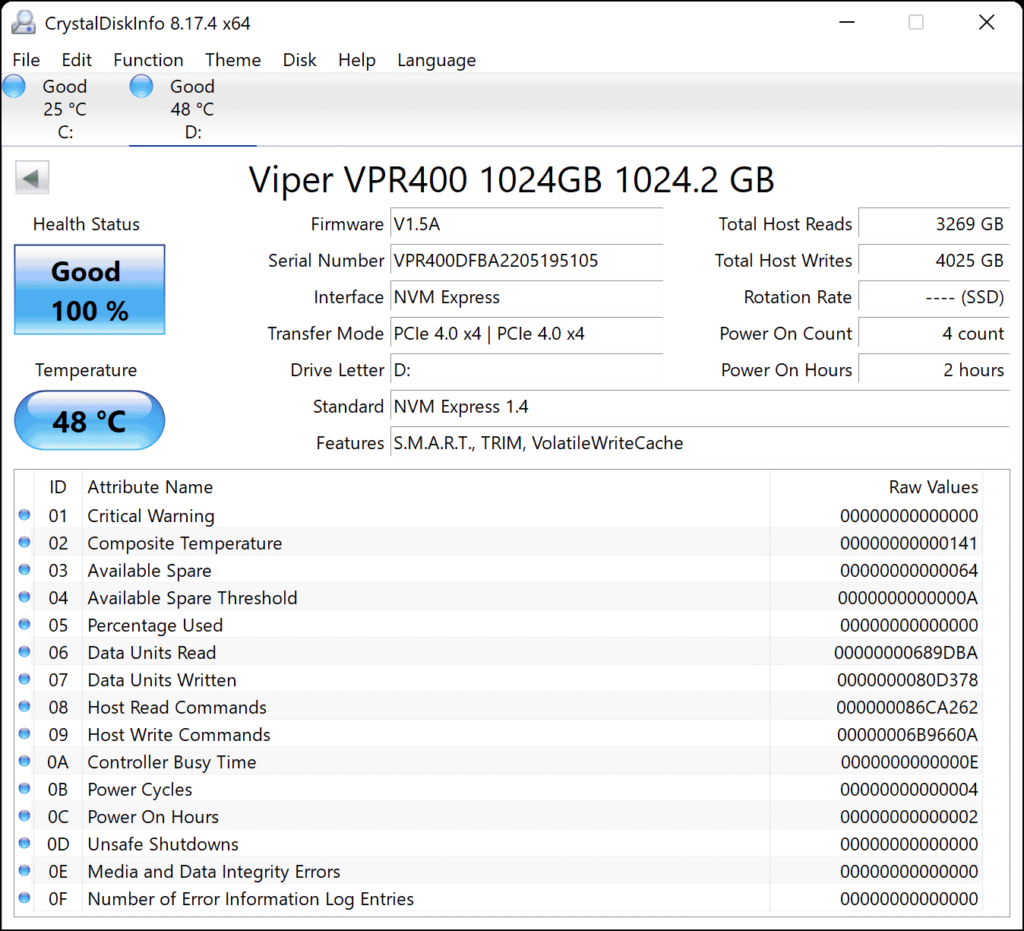 Patriot Viper VPR400 RGB 1TB Gen4x4 M.2 SSD CrystalDiskInfo Screenshot