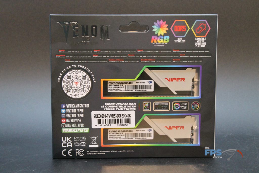 Patriot Viper Venom RGB DDR5 32GB (2x16GB) 6200MHz Memory Kit box rear