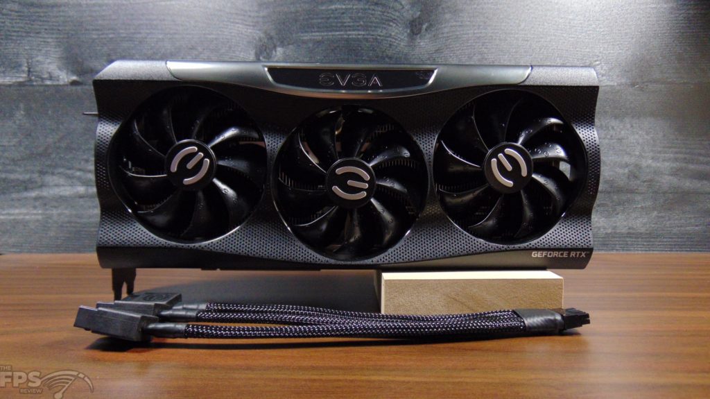 EVGA GeForce RTX 3090 Ti FTW3 Ultra Gaming video card front view upright on desk