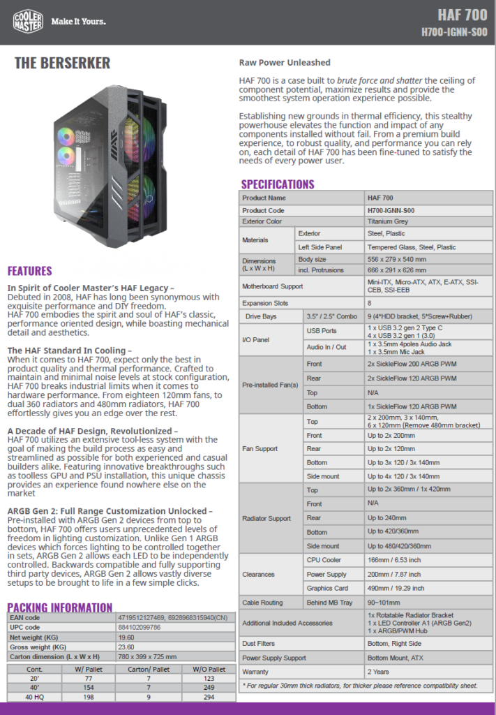 Cooler Master HAF 700 Product Description Brief