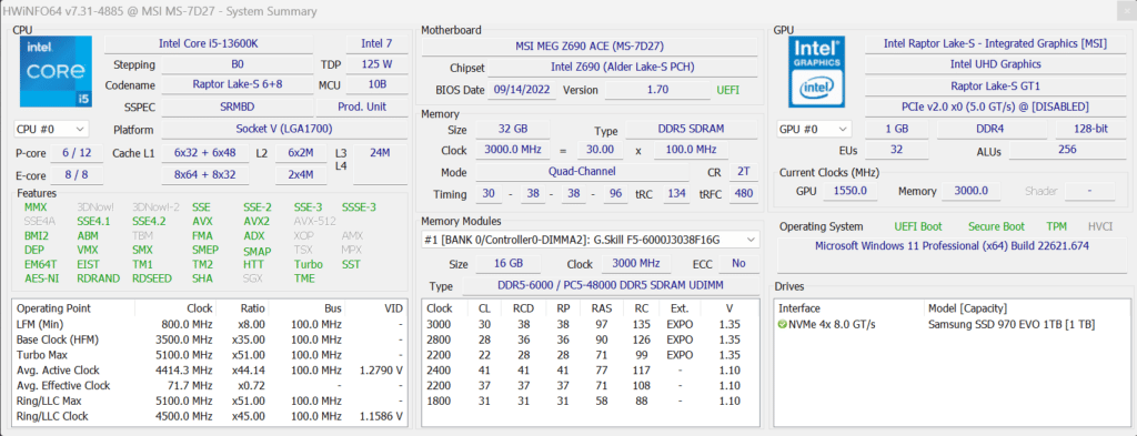 Intel Core i5-13600K CPU HWiNFO64