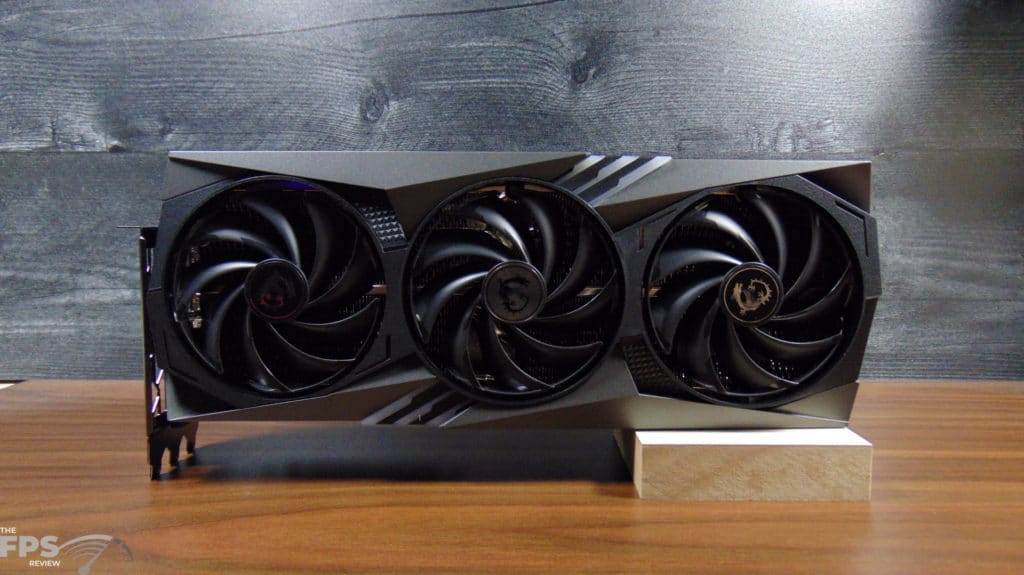 MSI GeForce RTX 4080 16GB GAMING X TRIO front of card sitting on desk