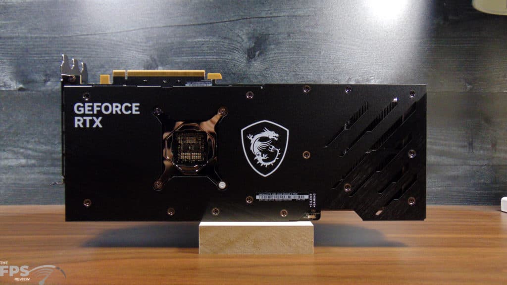 MSI GeForce RTX 4080 16GB GAMING X TRIO back of card sitting on desk