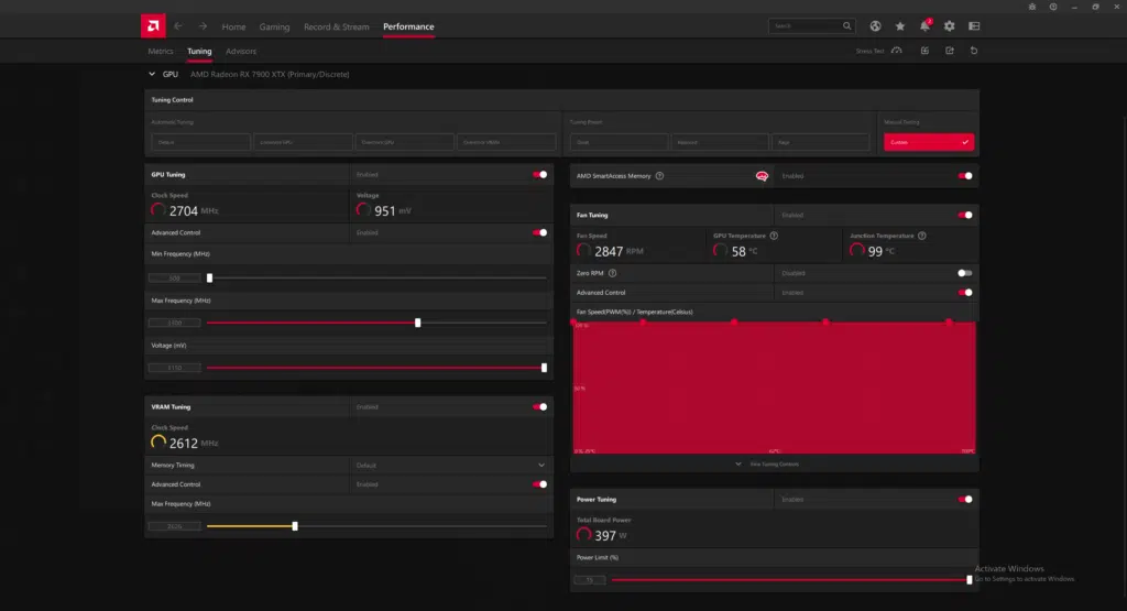 AMD Radeon Software Screenshot of Radeon RX 7900 XTX Overclock