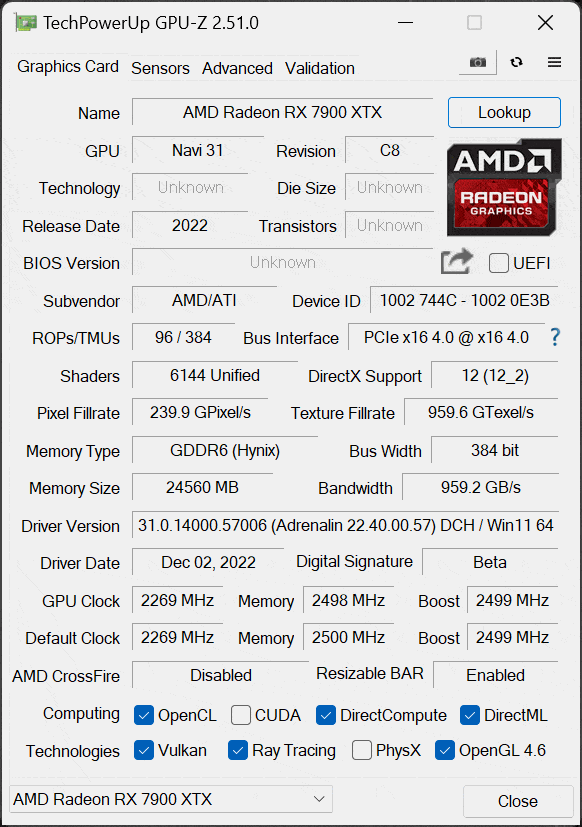 AMD Radeon RX 7900 XTX Video Card GPU-Z Screenshot