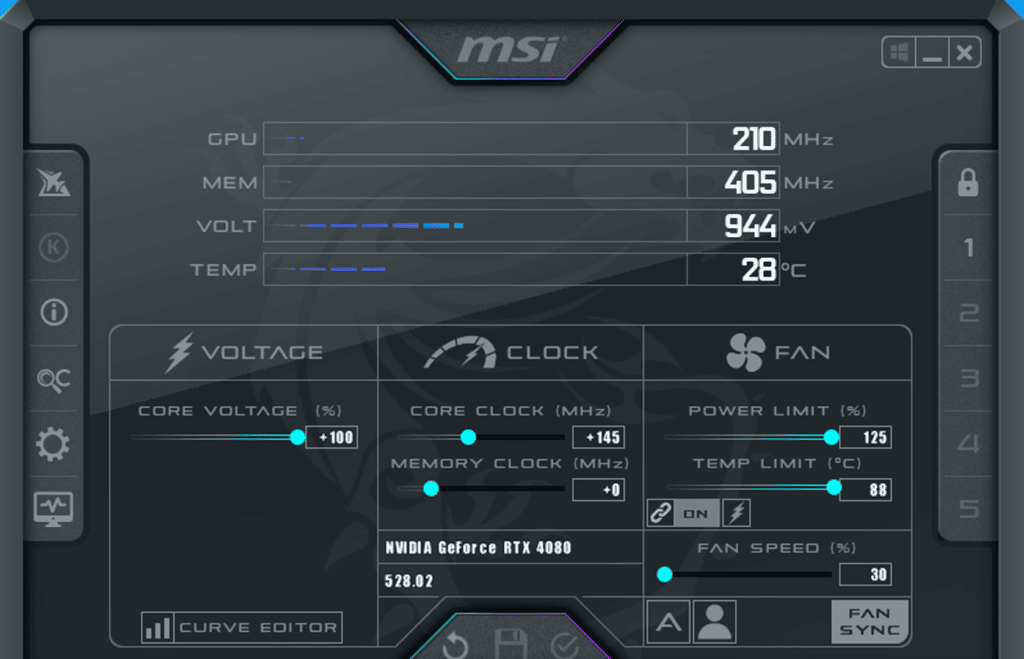 MSI GeForce RTX 4080 16GB SUPRIM X: screen shot of MSI Afterburner