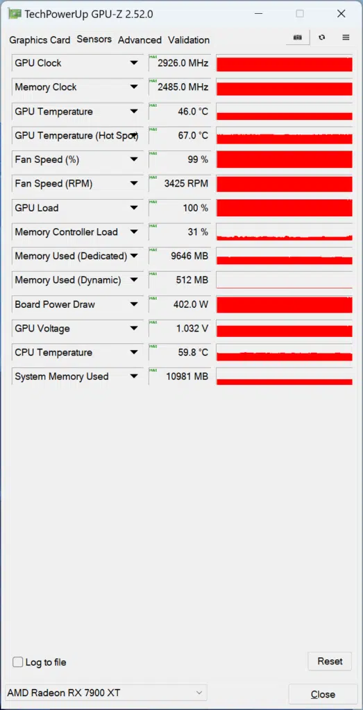 XFX SPEEDSTER MERC 310 AMD Radeon RX 7900 XT BLACK Edition GPU-Z Screenshot Overclocked