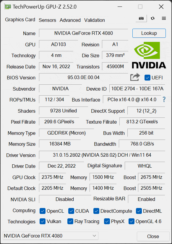 Screenshot of GPU-Z Overclock with NVIDIA GeForce RTX 4080 Founders Edition