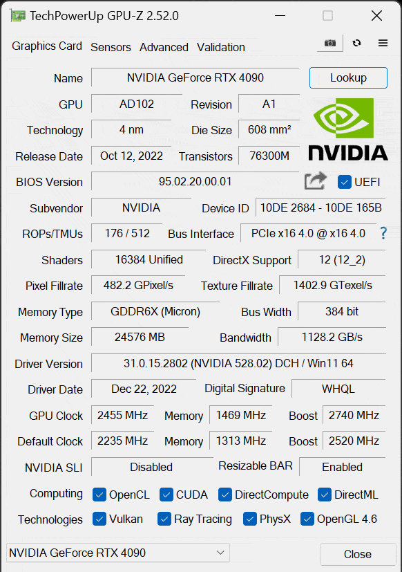 NVIDIA GeForce RTX 4090 Founders Edition Overclocked GPU-Z Screenshot