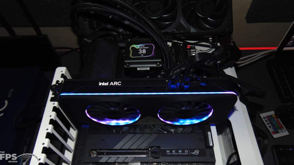 Intel Arc A770 16GB Limited Edition Video Card Installed in Compute with RGB in the dark