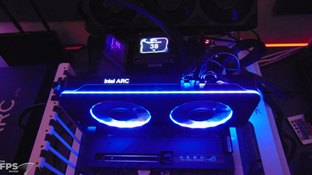 Intel Arc A770 16GB Limited Edition Video Card Installed in Compute with RGB in the dark