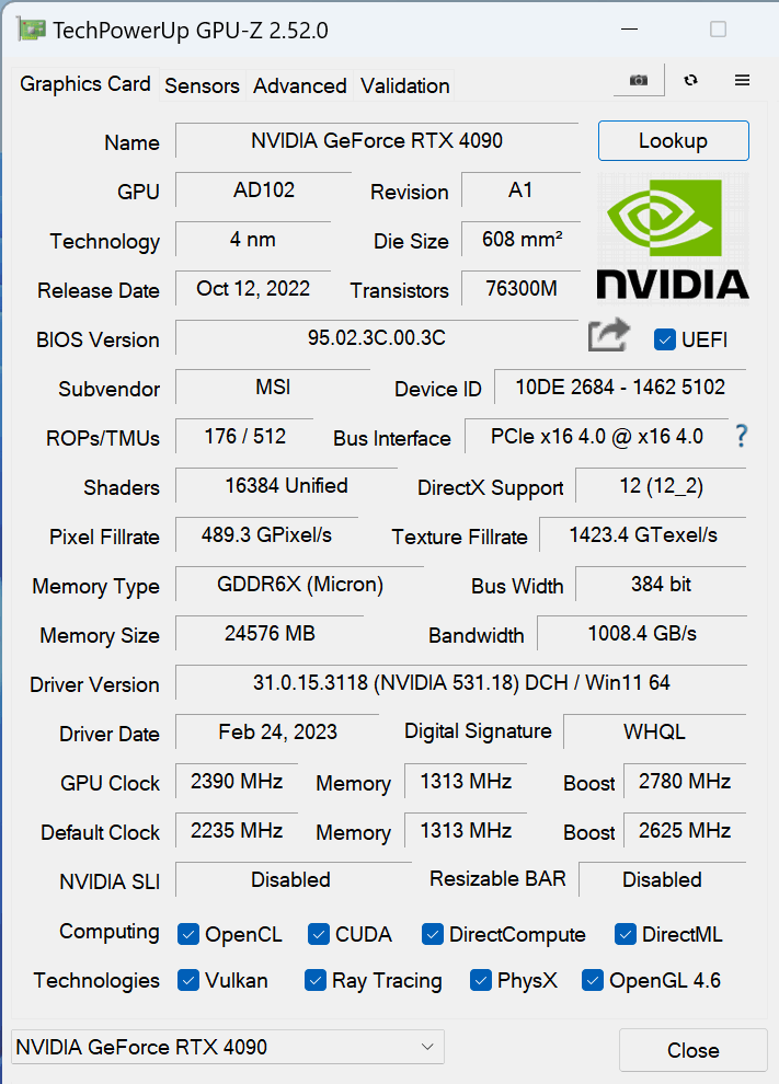 MSI GeForce RTX 4090 SUPRIM X: GPUZ