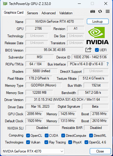 MSI GeForce RTX 4070 GMING X Trio 12G : GPUZ front information