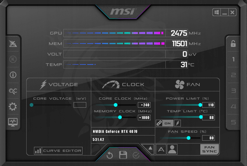 MSI Afterburner Screenshot of NVIDIA GeForce RTX 4070 Founders Edition Overclocked