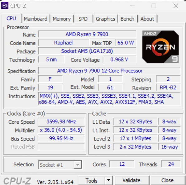 AMD Ryzen 9 7900 CPU CPU-Z Screenshot