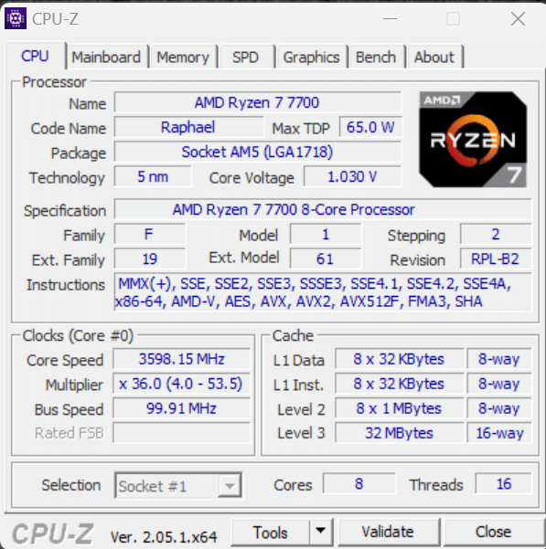 AMD Ryzen 7 7700 CPU-Z Screenshot