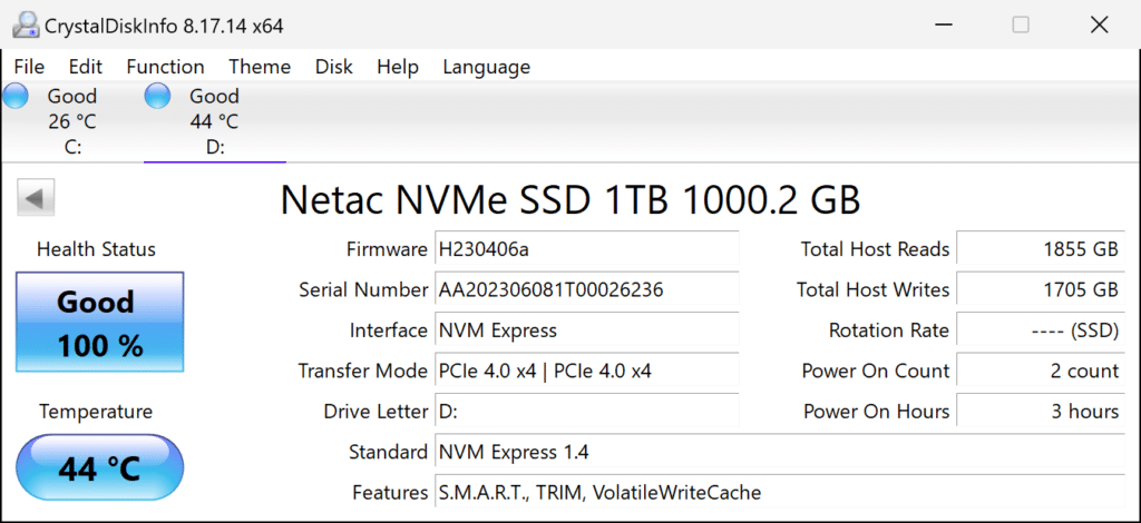Netac NV7000-t 1TB PCIe Gen4 M.2 NVMe SSD CrystalDiskInfo