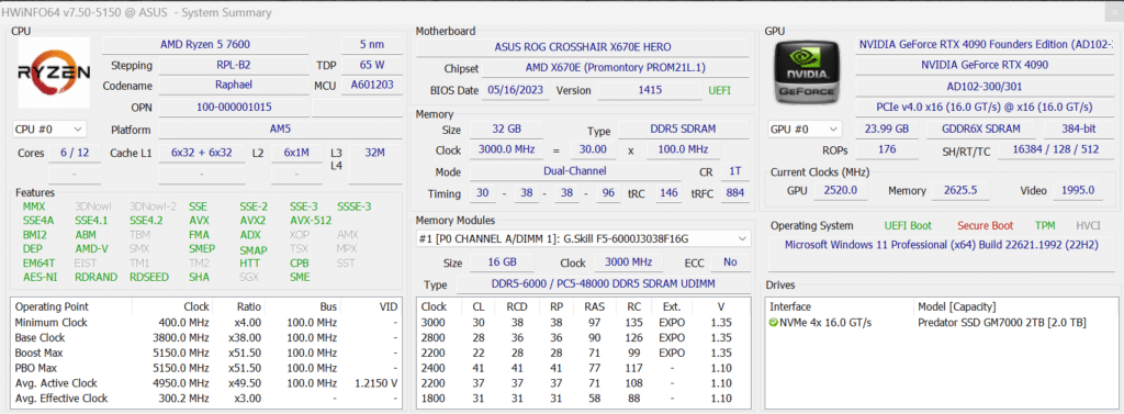 AMD Ryzen 5 7600 CPU HWiNFO64 Screenshot