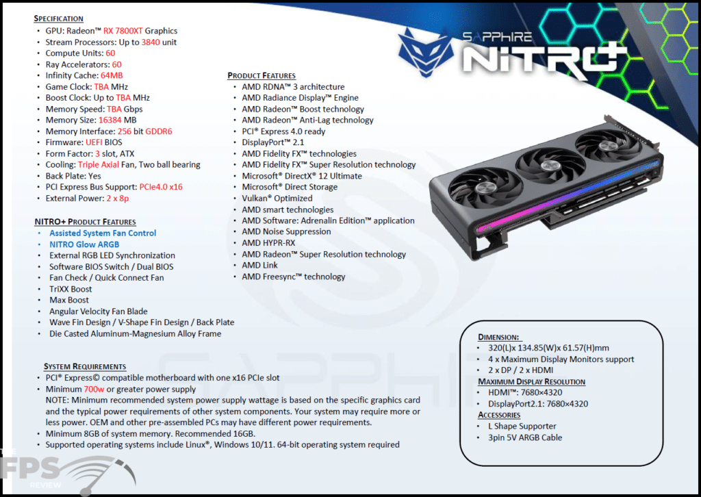 SAPPHIRE NITRO+ Radeon RX 7800 XT 16GB Gaming OC Product Specs