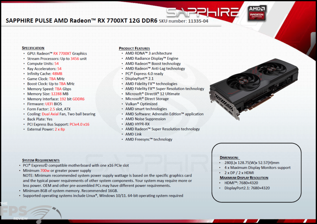SAPPHIRE PULSE Radeon RX 7700 XT GAMING 12GB Spec Sheet