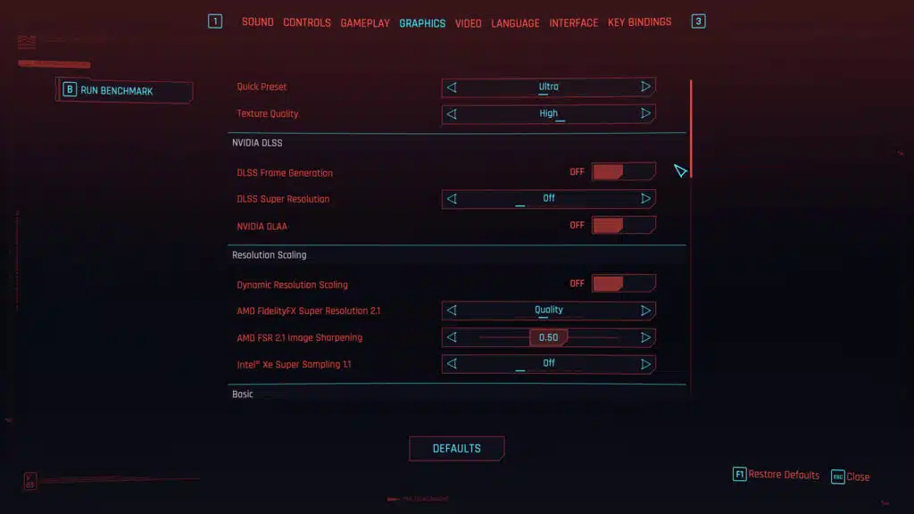 Cyberpunk 2077 2.0 Quick Preset Ultra Graphics Menu