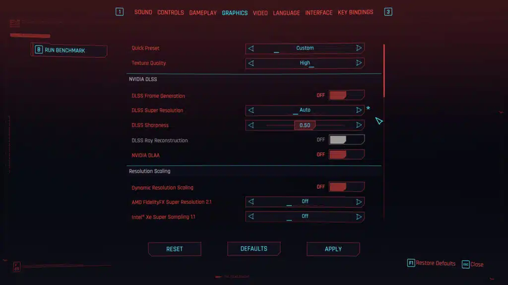 Cyberpunk 2077 2.0 Quick Preset Ultra Graphics Menu