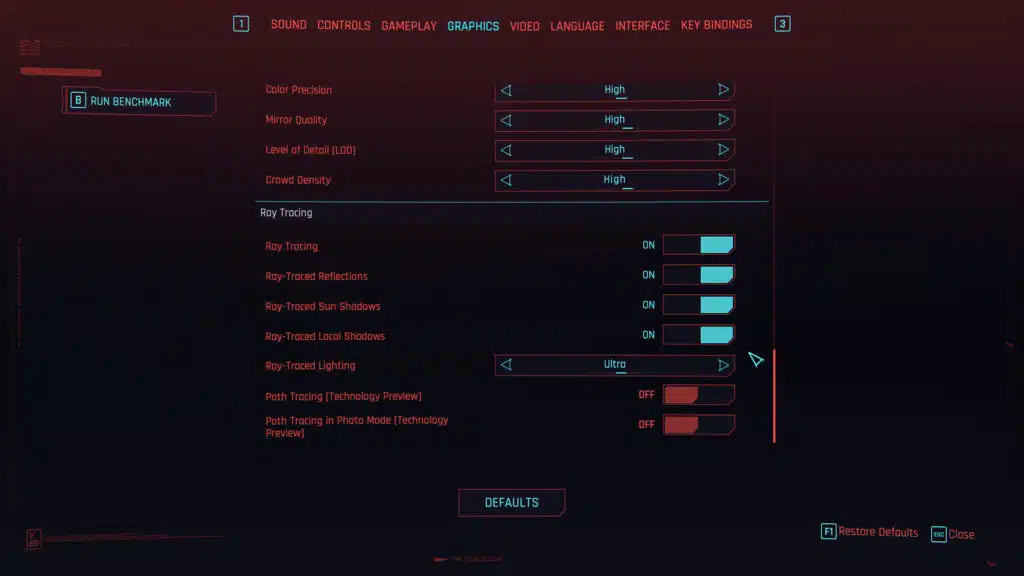 Cyberpunk 2077 2.0 Quick Preset Ray Tracing Ultra Graphics Menu