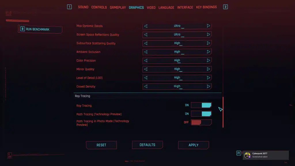 Cyberpunk 2077 2.0 Quick Preset Ray Tracing Overdrive Graphics Menu